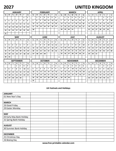 2027 UK holiday calendar