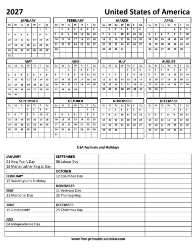 2027 US holiday calendar