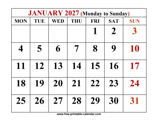 2027 calendar template, monday start