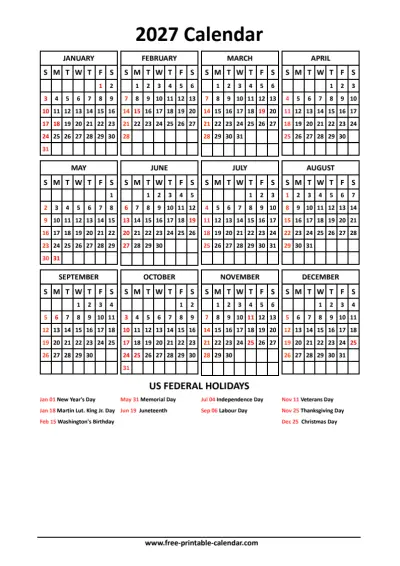 2027 calendar with holidays portrait