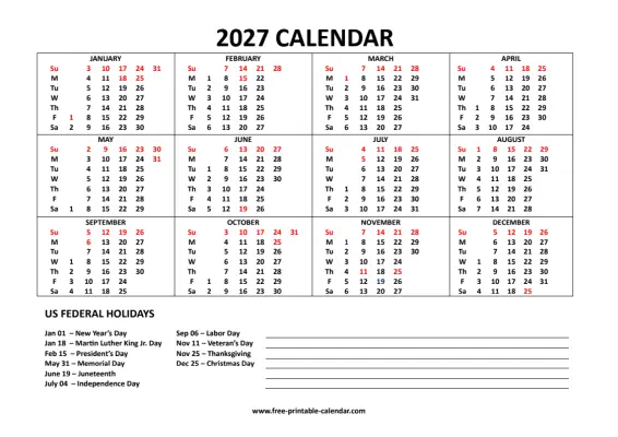 2027 calendar with US holidays