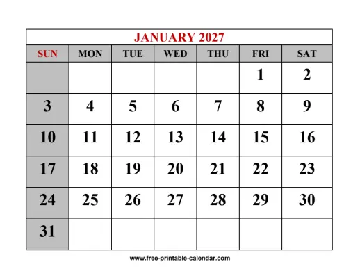 2027 monthly calendar, one month per page