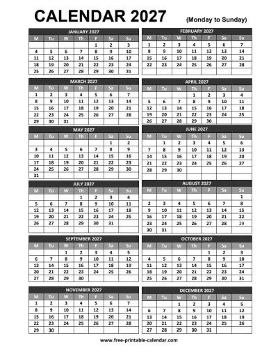 2027 printable calendar portrait