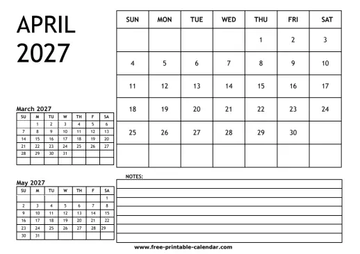 april 2027 3 month calendar