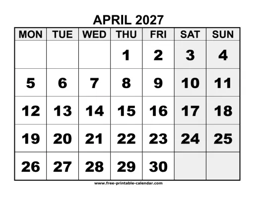 monday start april 2027 calendar