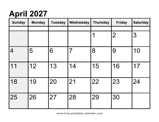 sunday highlighted april 2027 calendar