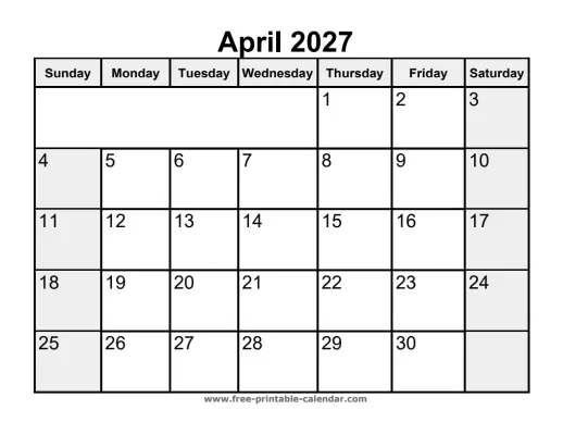weekend highlighted april 2027 calendar