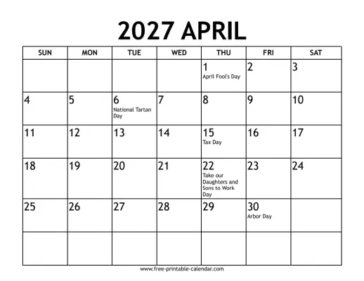 april 2027 calendar with holidays