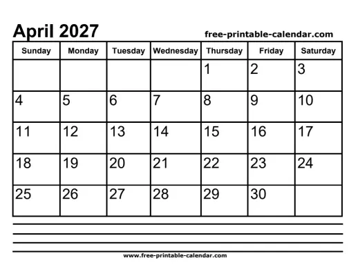 april 2027 calendar with notes