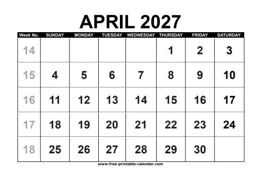 april 2027 calendar with week numbers