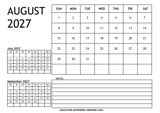 august 2027 3 month calendar