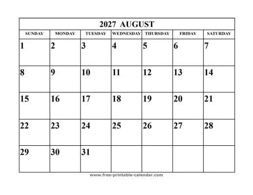 august 2027 landscape calendar