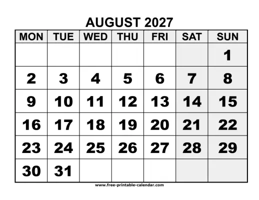 monday start august 2027 calendar