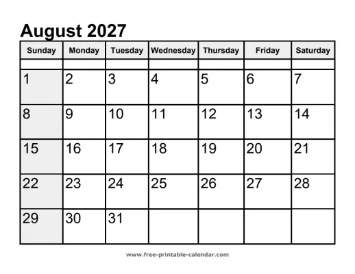 sunday highlighted august 2027 calendar