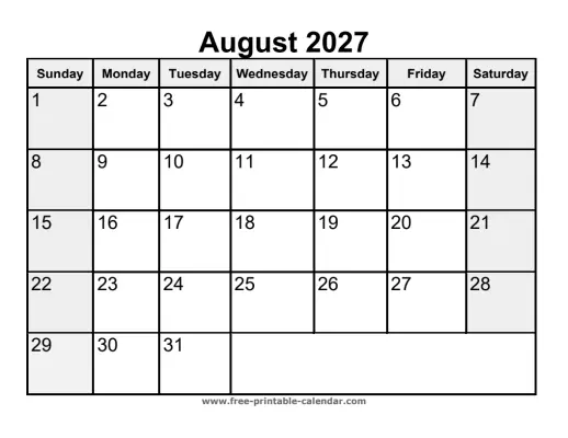weekend highlighted august 2027 calendar