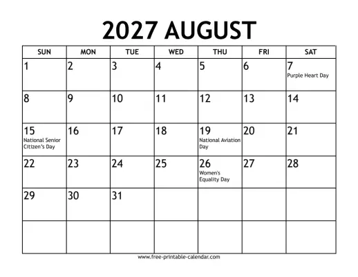 august 2027 calendar with holidays