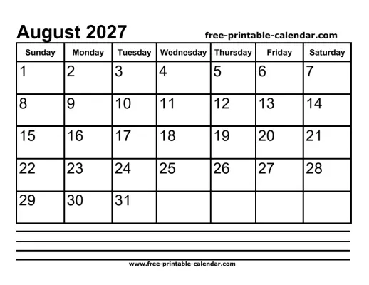 august 2027 calendar with notes