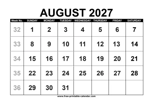 august 2027 calendar with week numbers