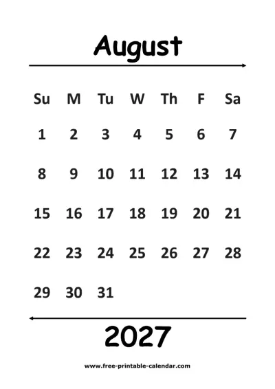 simple august 2027 calendar