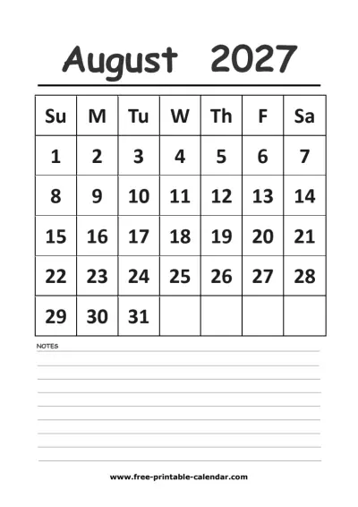 august 2027 vertical calendar