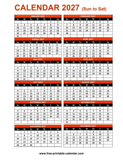 calendar for 2027 vertical one page