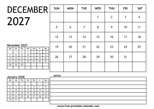 december 2027 3 month calendar