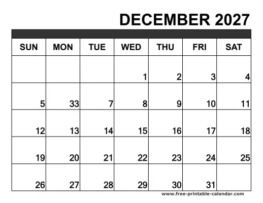 december 2027 blank calendar