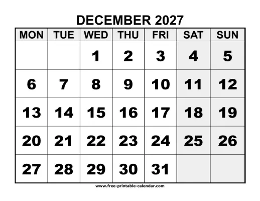 monday start december 2027 calendar