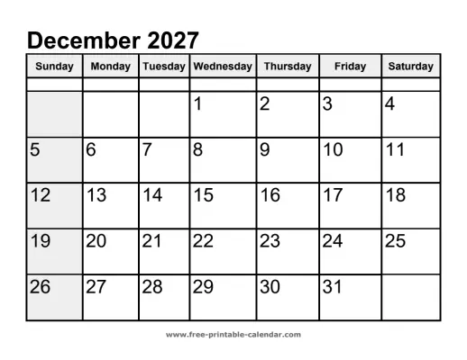 sunday highlighted december 2027 calendar
