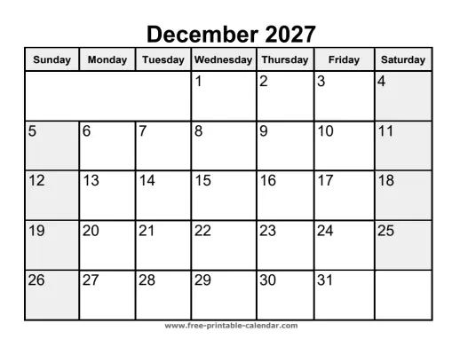 weekend highlighted december 2027 calendar