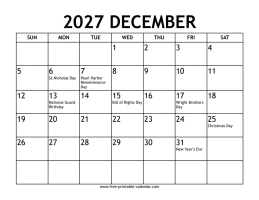 december 2027 calendar with holidays