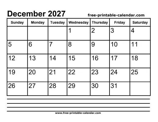 december 2027 calendar with notes