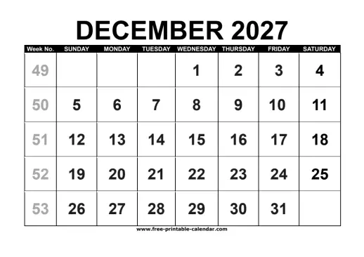 december 2027 calendar with week numbers