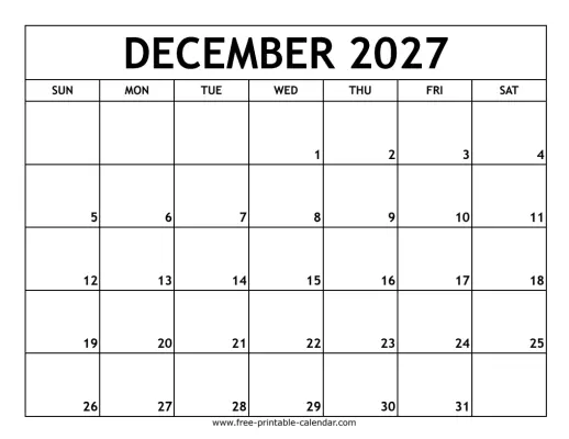 december 2027 printable calendar