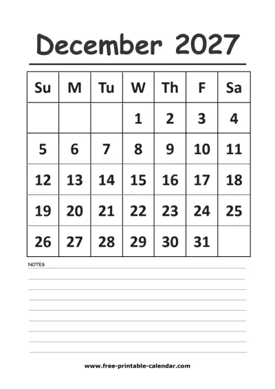 december 2027 vertical calendar