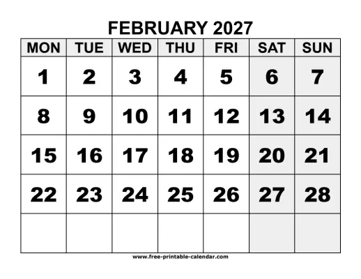 monday start february 2027 calendar