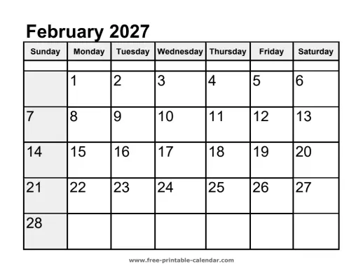 sunday highlighted february 2027 calendar