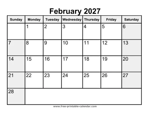 weekend highlighted february 2027 calendar