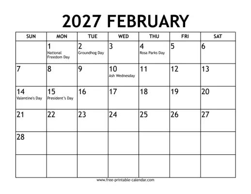 february 2027 calendar with holidays