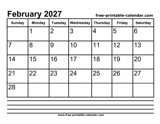 february 2027 calendar with notes