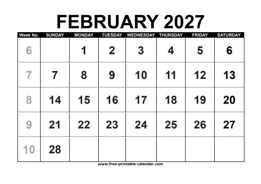february 2027 calendar with week numbers