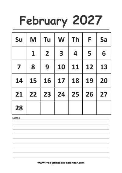 february 2027 vertical calendar