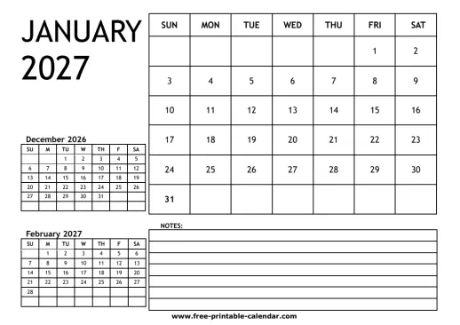 january 2027 3 month calendar