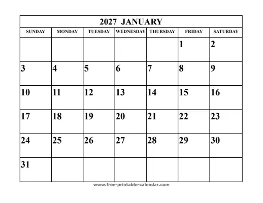 january 2027 landscape calendar
