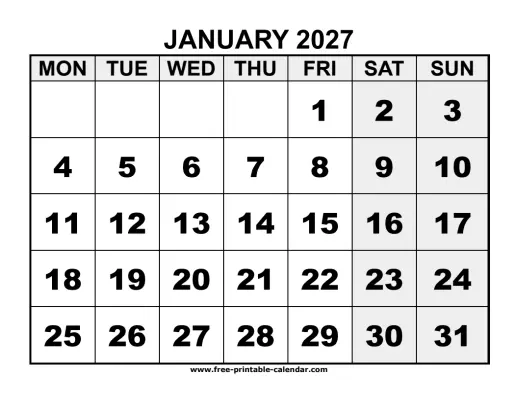 monday start january 2027 calendar