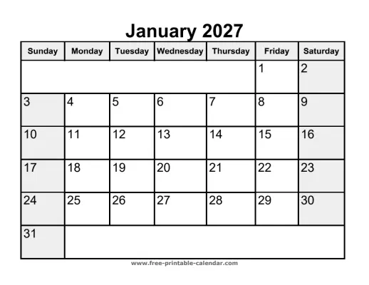 weekend highlighted january 2027 calendar