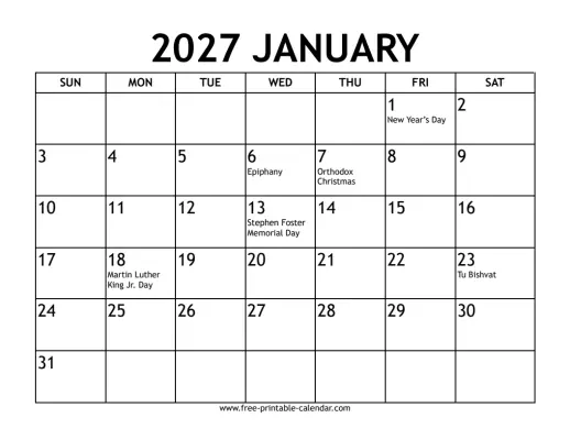 january 2027 calendar with holidays