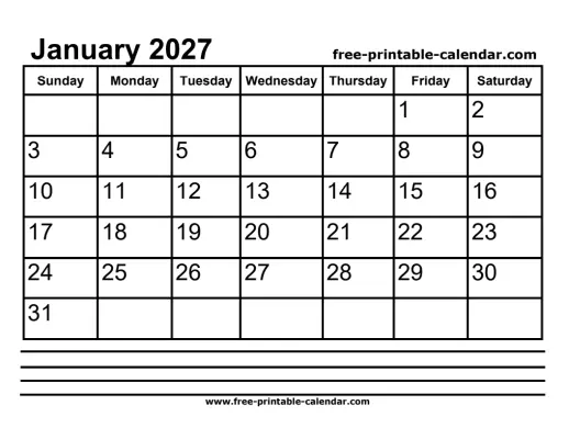 january 2027 calendar with notes