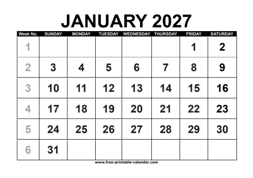 january 2027 calendar with week numbers