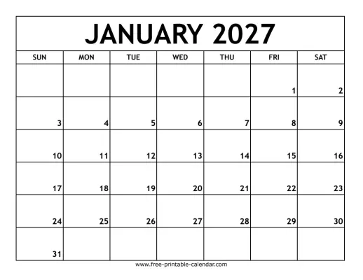 january 2027 printable calendar
